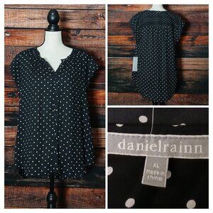 NWT Daniel Rainn Top XL Bernal Split Neck Blouse Black Polka Dot